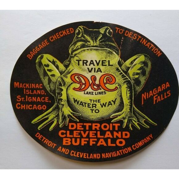 D&C Lake Lines Vintage Original Luggage Label Bull Frog Paper Transportation - Picture 1 of 4